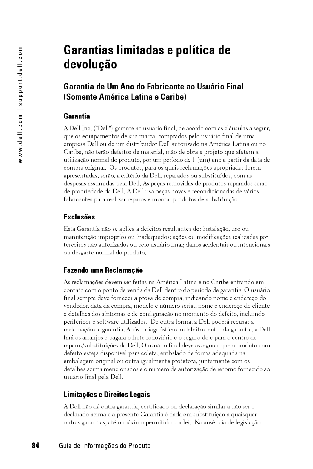 Dell XXX Garantias limitadas e política de devolução, Exclusões, Fazendo uma Reclamação, Limitações e Direitos Legais 