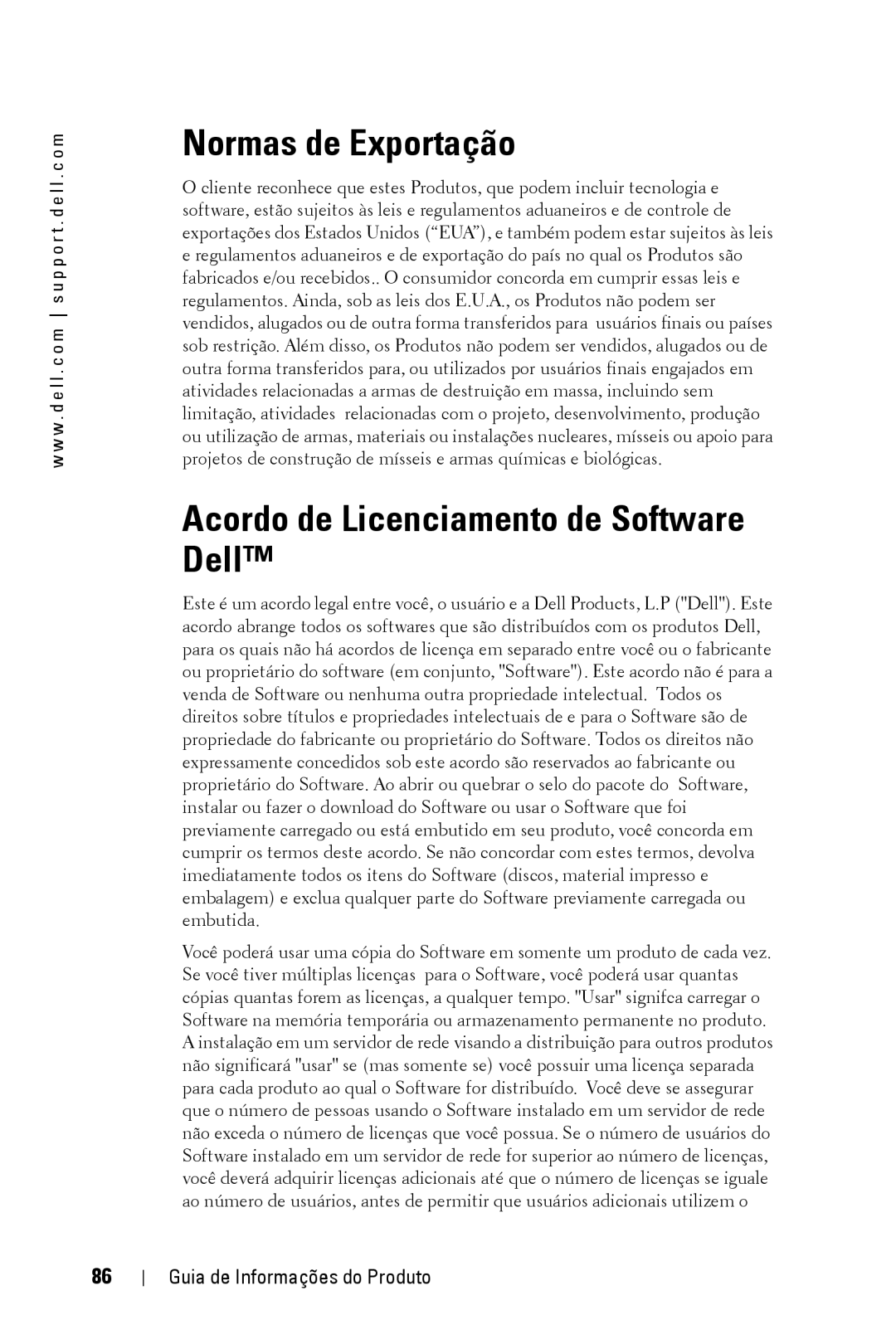 Dell XXX manual Normas de Exportação, Acordo de Licenciamento de Software Dell 