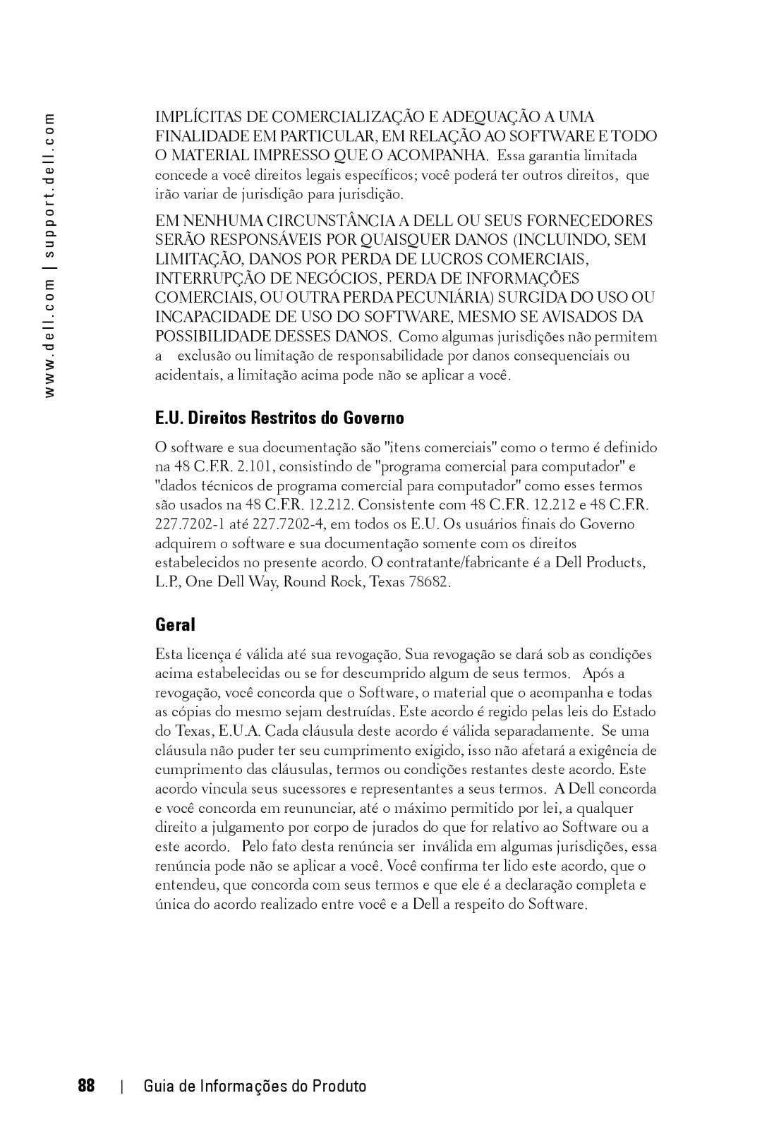 Dell XXX manual Direitos Restritos do Governo, Geral 