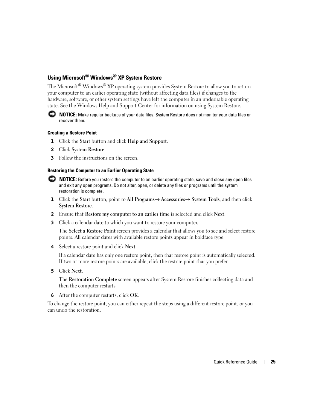 Dell Y6452 manual Using Microsoft Windows XP System Restore, Creating a Restore Point, Click System Restore 