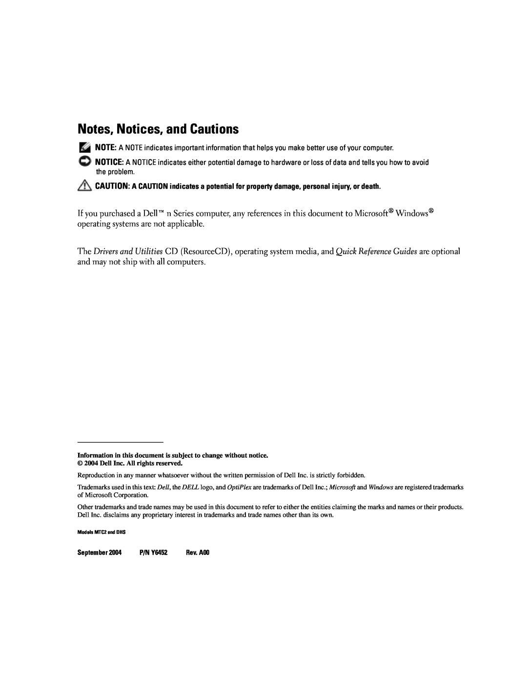 Dell manual Notes, Notices, and Cautions, September, P/N Y6452 