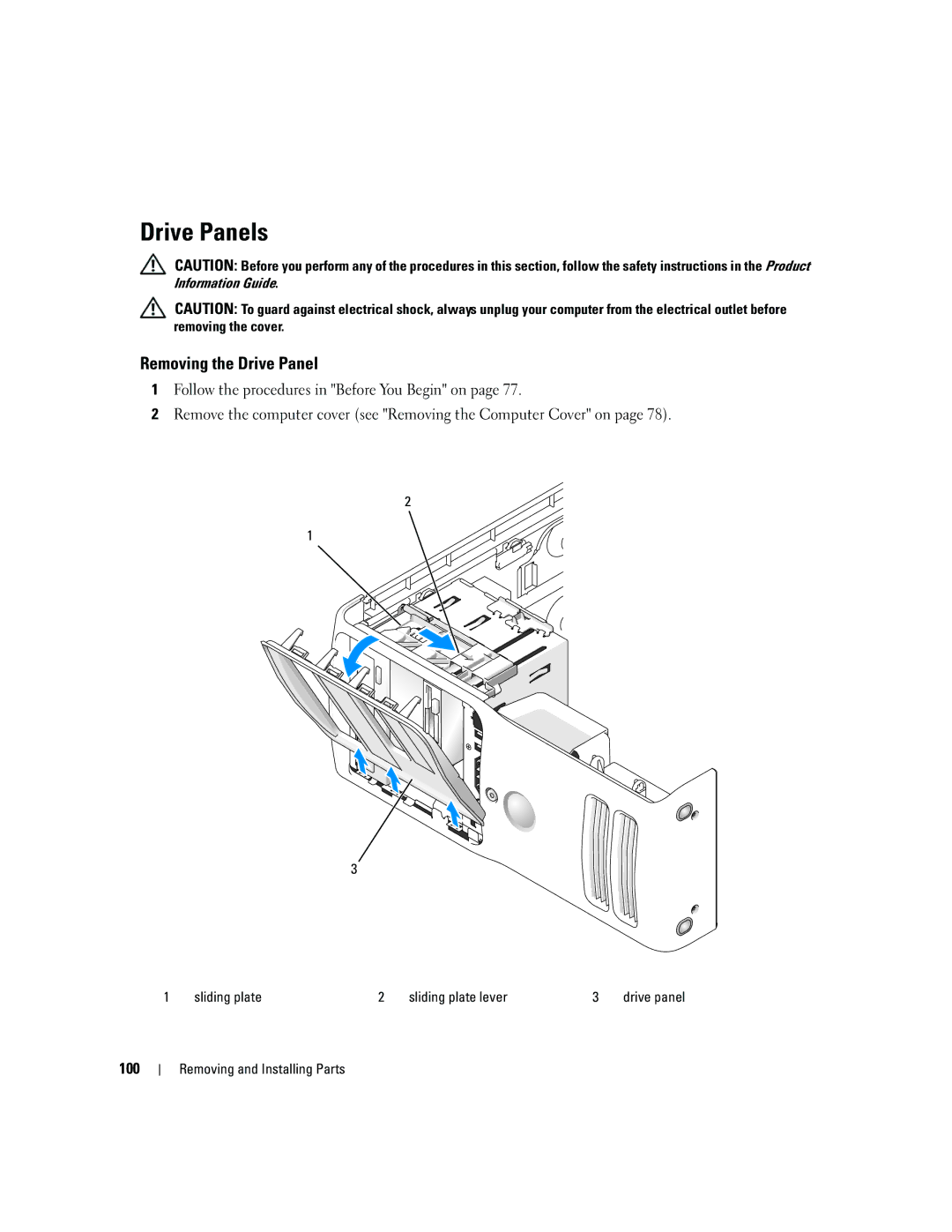 Dell YH242 owner manual Drive Panels, Removing the Drive Panel, 100, Sliding plate Sliding plate lever 