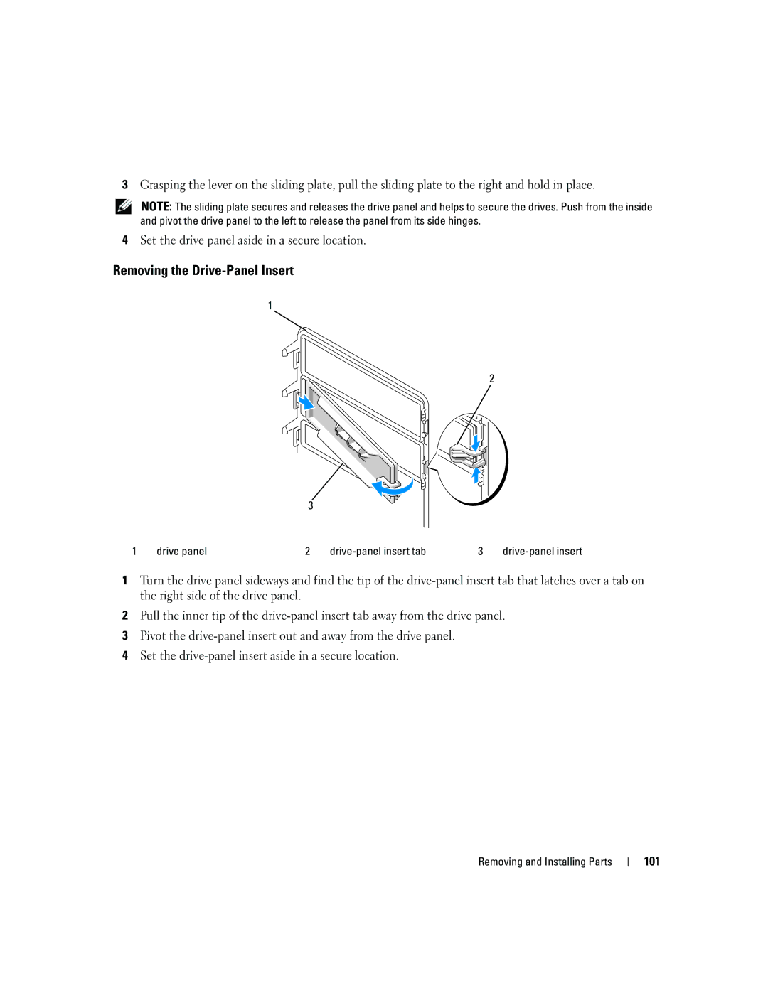 Dell YH242 owner manual Removing the Drive-Panel Insert, 101, Drive panel Drive-panel insert tab 