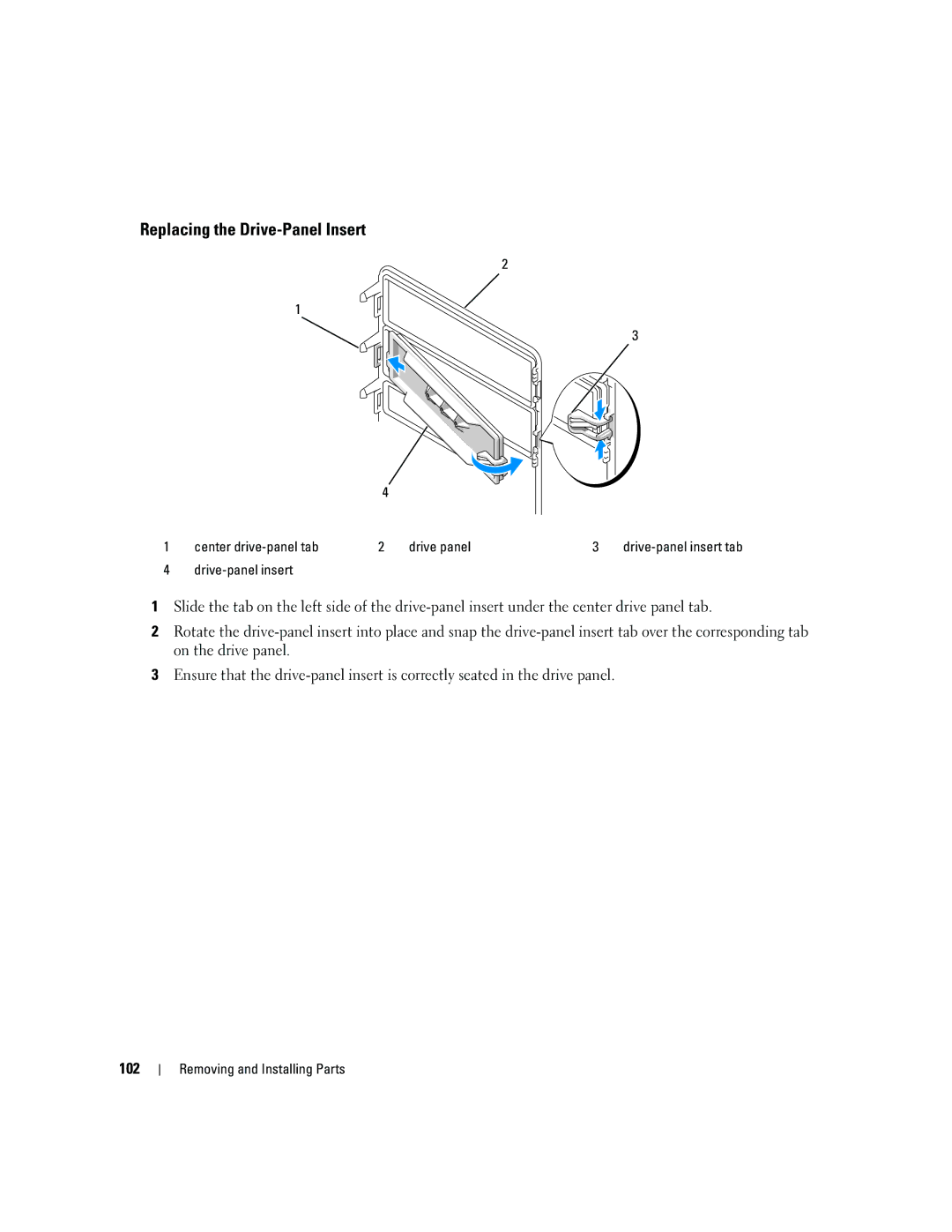 Dell YH242 owner manual Replacing the Drive-Panel Insert, 102, Center drive-panel tab Drive panel, Drive-panel insert 