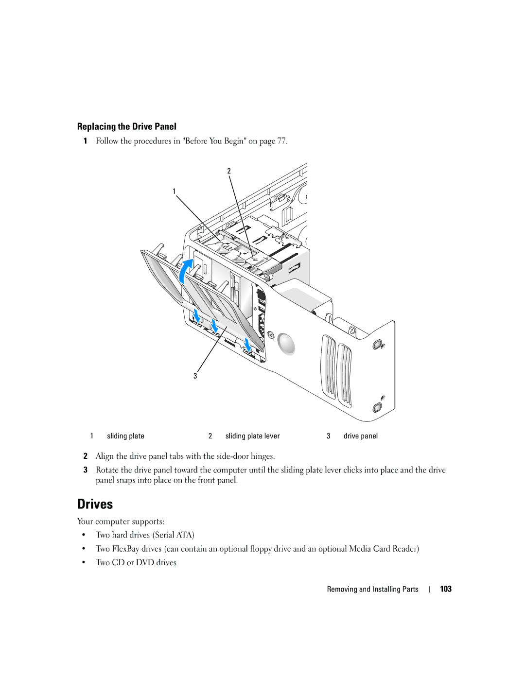 Dell YH242 owner manual Drives, Replacing the Drive Panel, 103 