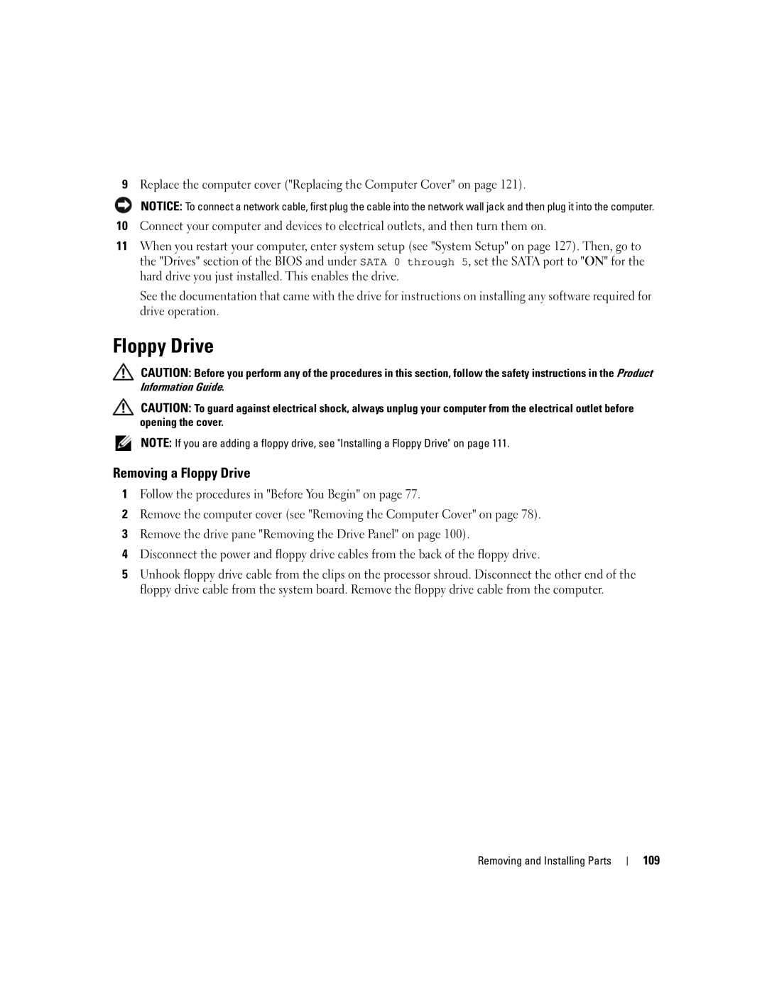 Dell YH242 owner manual Removing a Floppy Drive, 109 