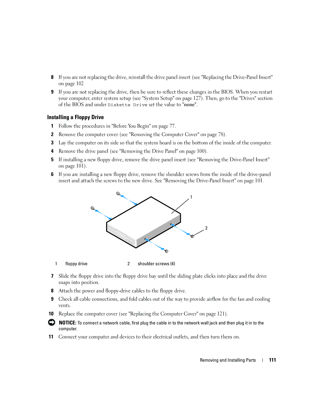 Dell YH242 owner manual Installing a Floppy Drive, 111, Floppy drive 