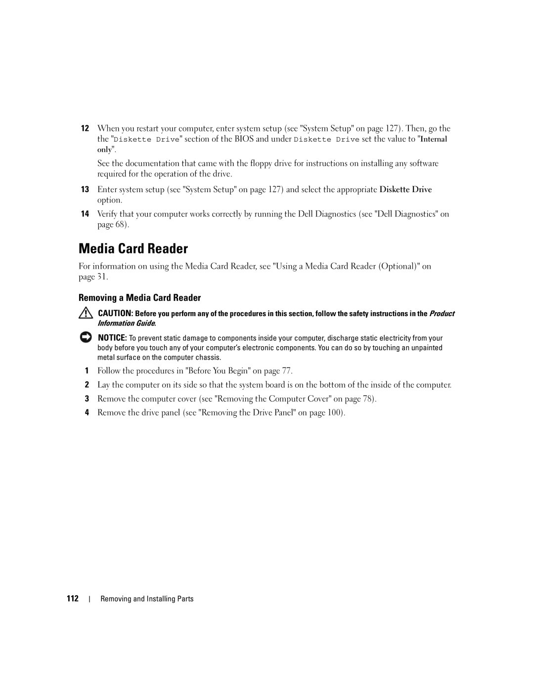 Dell YH242 owner manual Removing a Media Card Reader, 112 