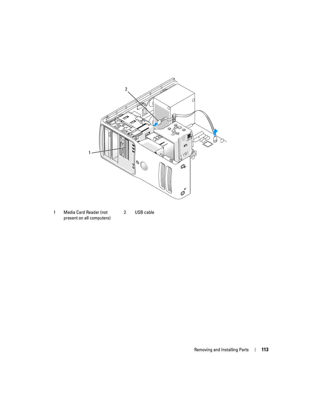 Dell YH242 owner manual 113, Media Card Reader not, Present on all computers Removing and Installing Parts 