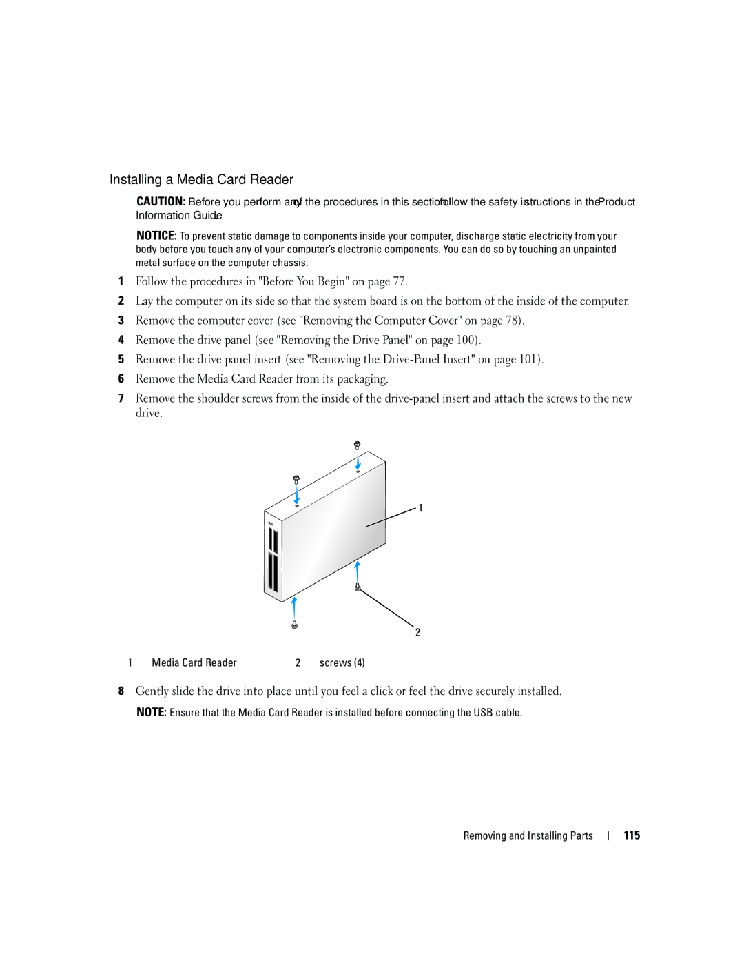 Dell YH242 owner manual Installing a Media Card Reader, 115 