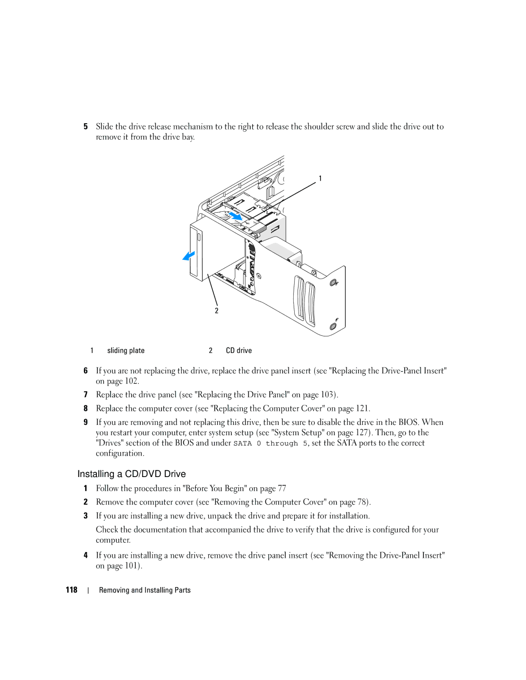 Dell YH242 owner manual Installing a CD/DVD Drive, 118, Sliding plate 