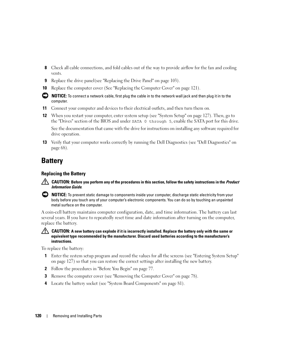 Dell YH242 owner manual Replacing the Battery, 120 