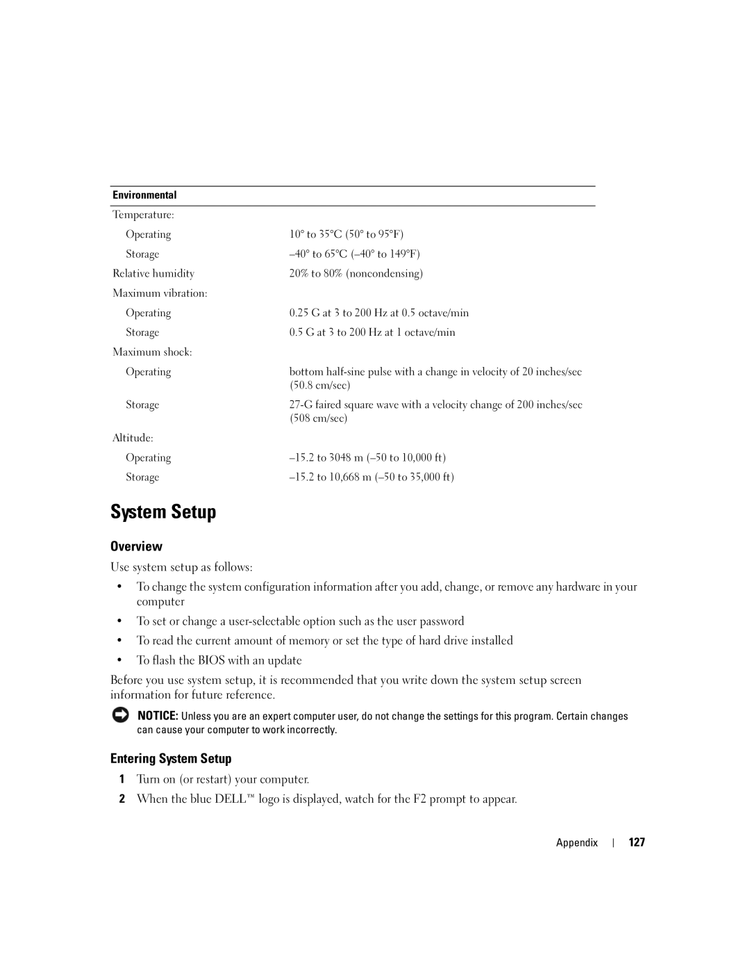 Dell YH242 owner manual Entering System Setup, 127, Environmental 