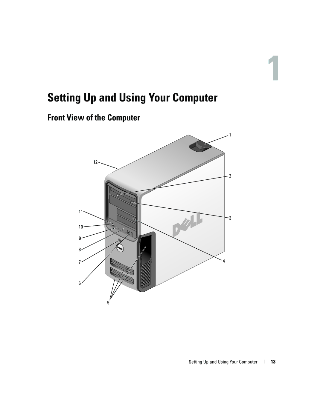 Dell YH242 owner manual Front View of the Computer, Setting Up and Using Your Computer 