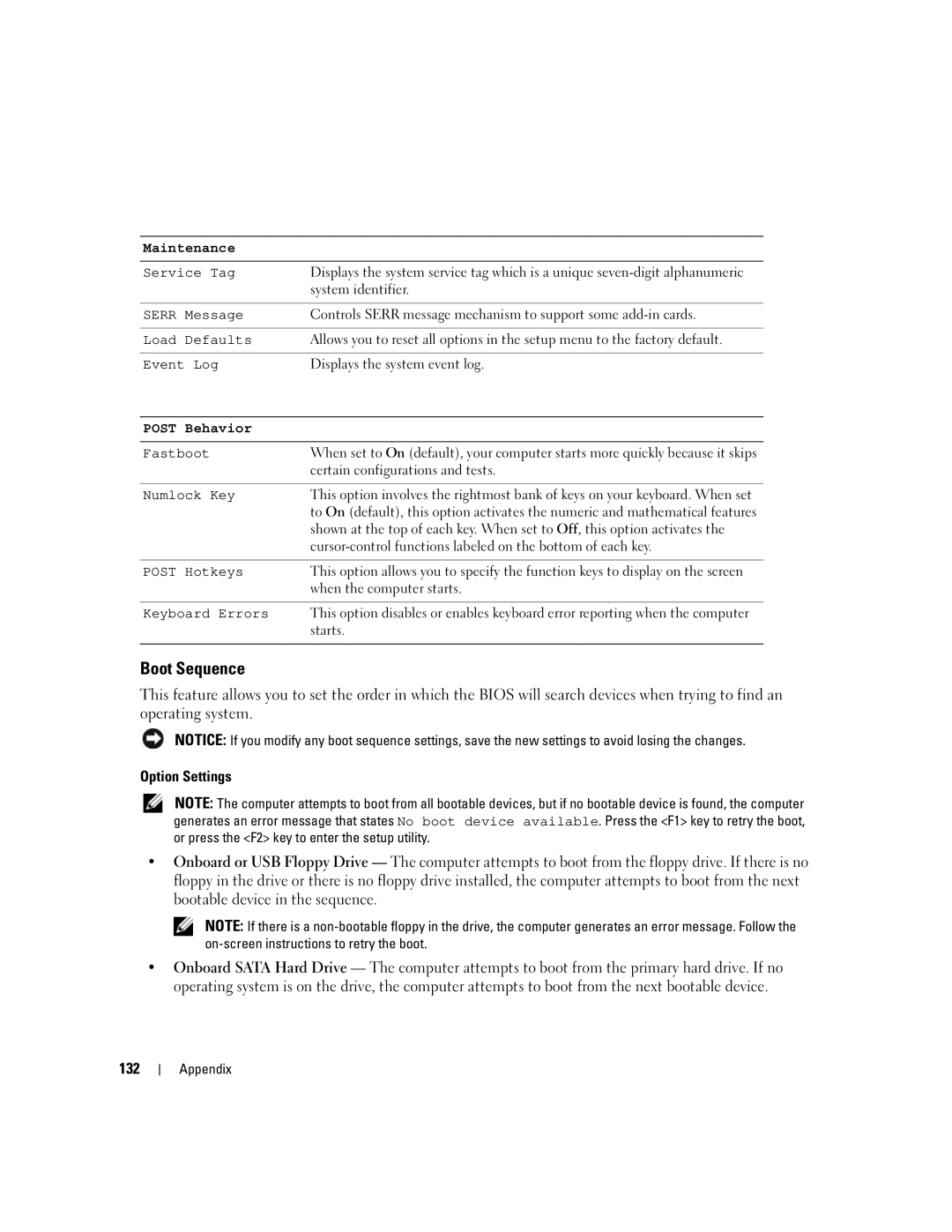 Dell YH242 owner manual Boot Sequence, Option Settings, 132 