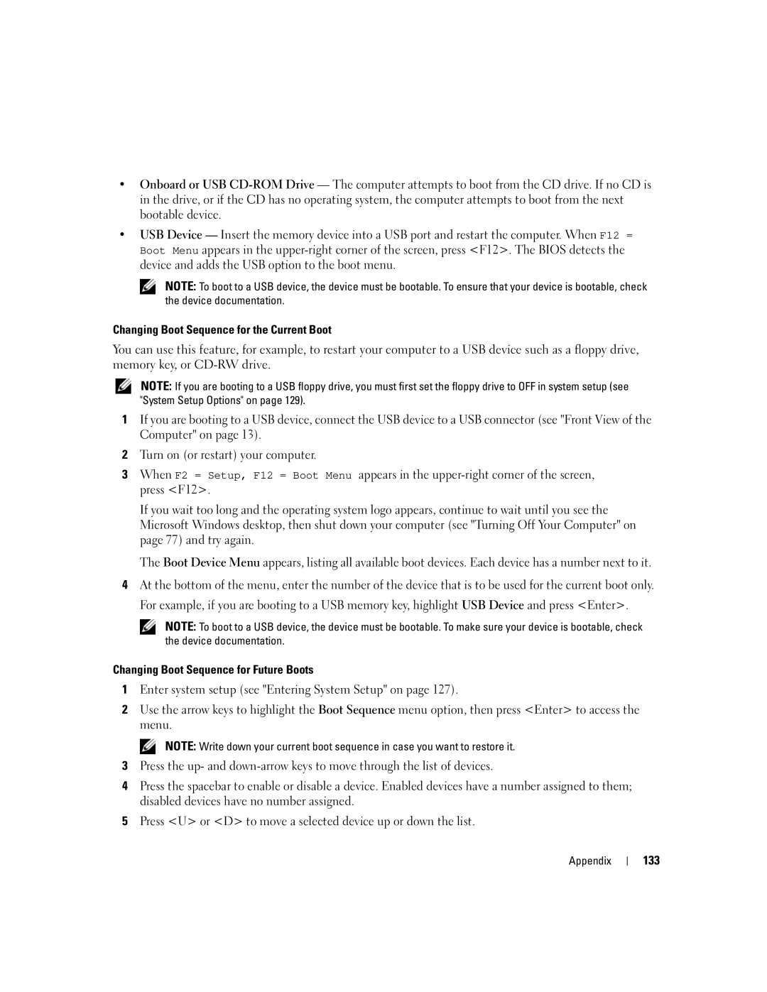 Dell YH242 owner manual Changing Boot Sequence for the Current Boot, Changing Boot Sequence for Future Boots, 133 