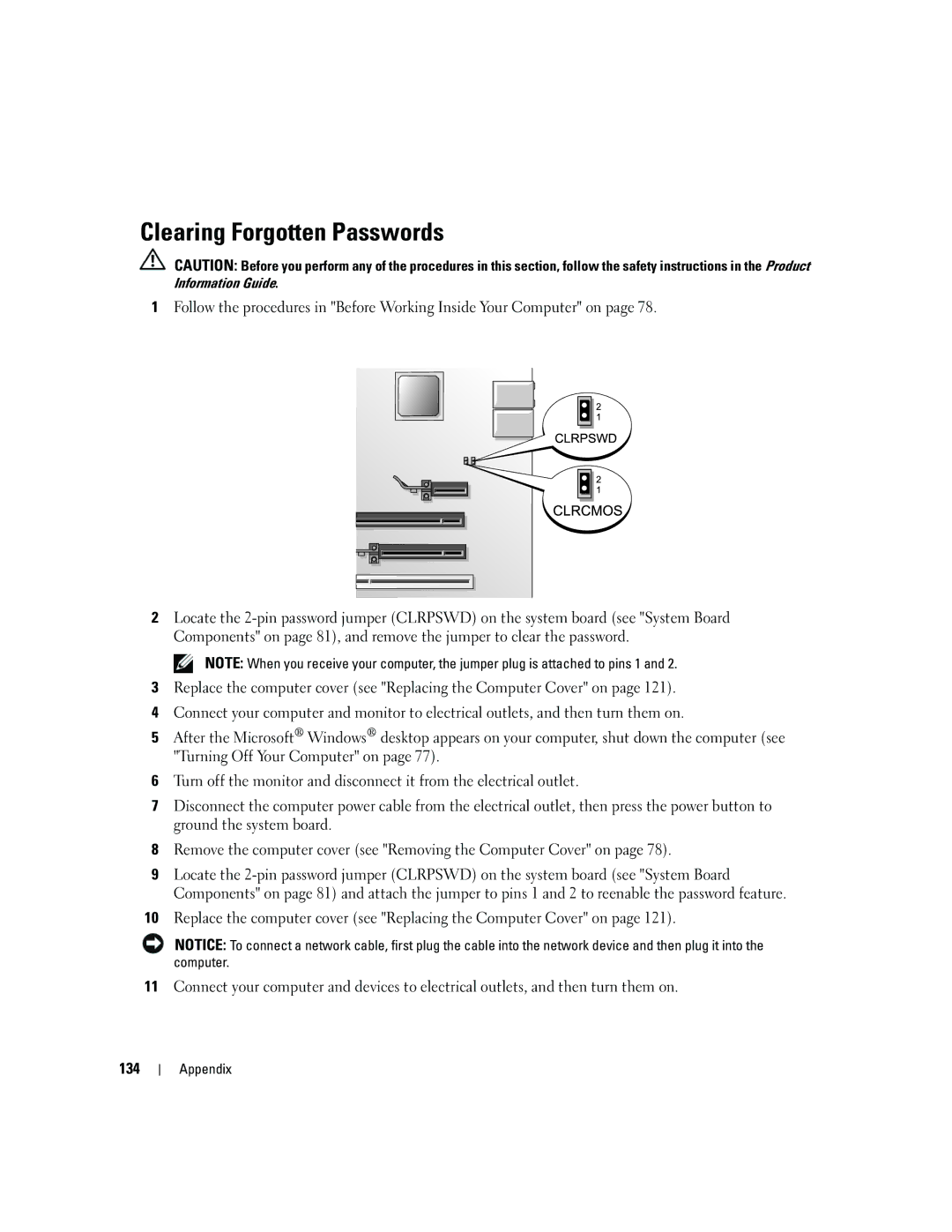 Dell YH242 owner manual Clearing Forgotten Passwords, 134 