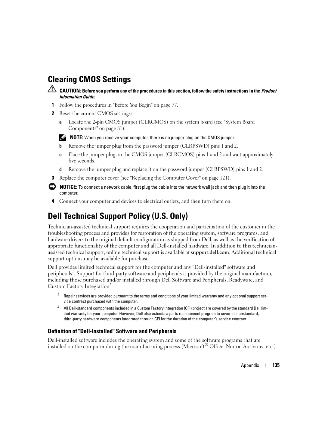 Dell YH242 owner manual Clearing Cmos Settings, Dell Technical Support Policy U.S. Only, 135 