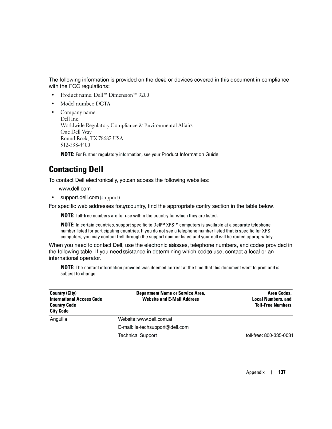 Dell YH242 owner manual Contacting Dell, 137 