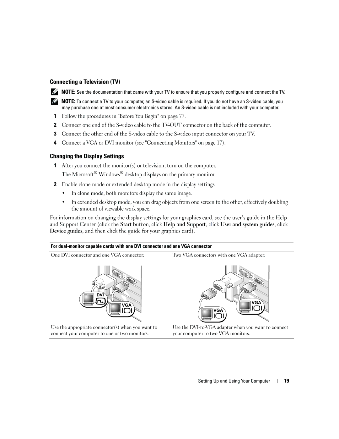 Dell YH242 owner manual Connecting a Television TV, Changing the Display Settings 