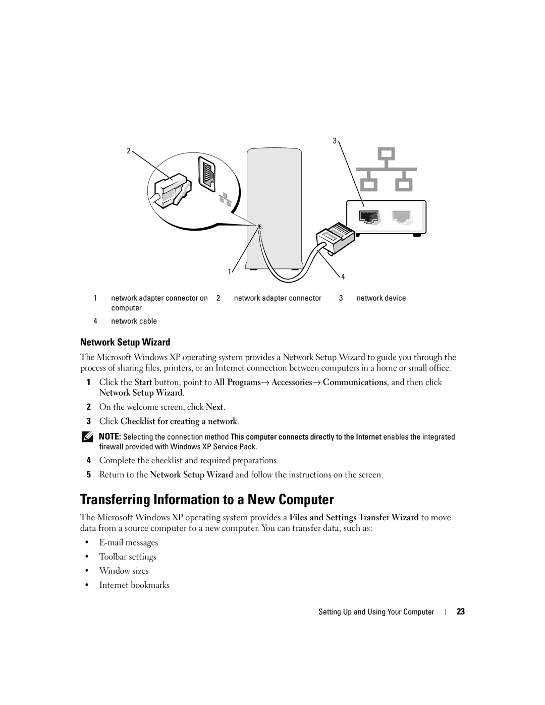 Dell YH242 owner manual Transferring Information to a New Computer, Network Setup Wizard, Network adapter connector 