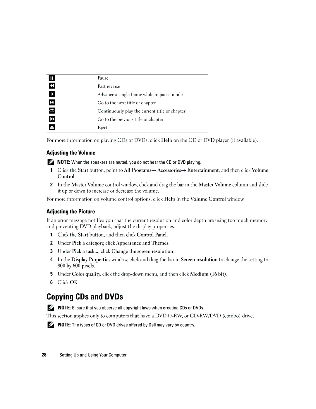 Dell YH242 owner manual Copying CDs and DVDs, Adjusting the Volume, Adjusting the Picture 