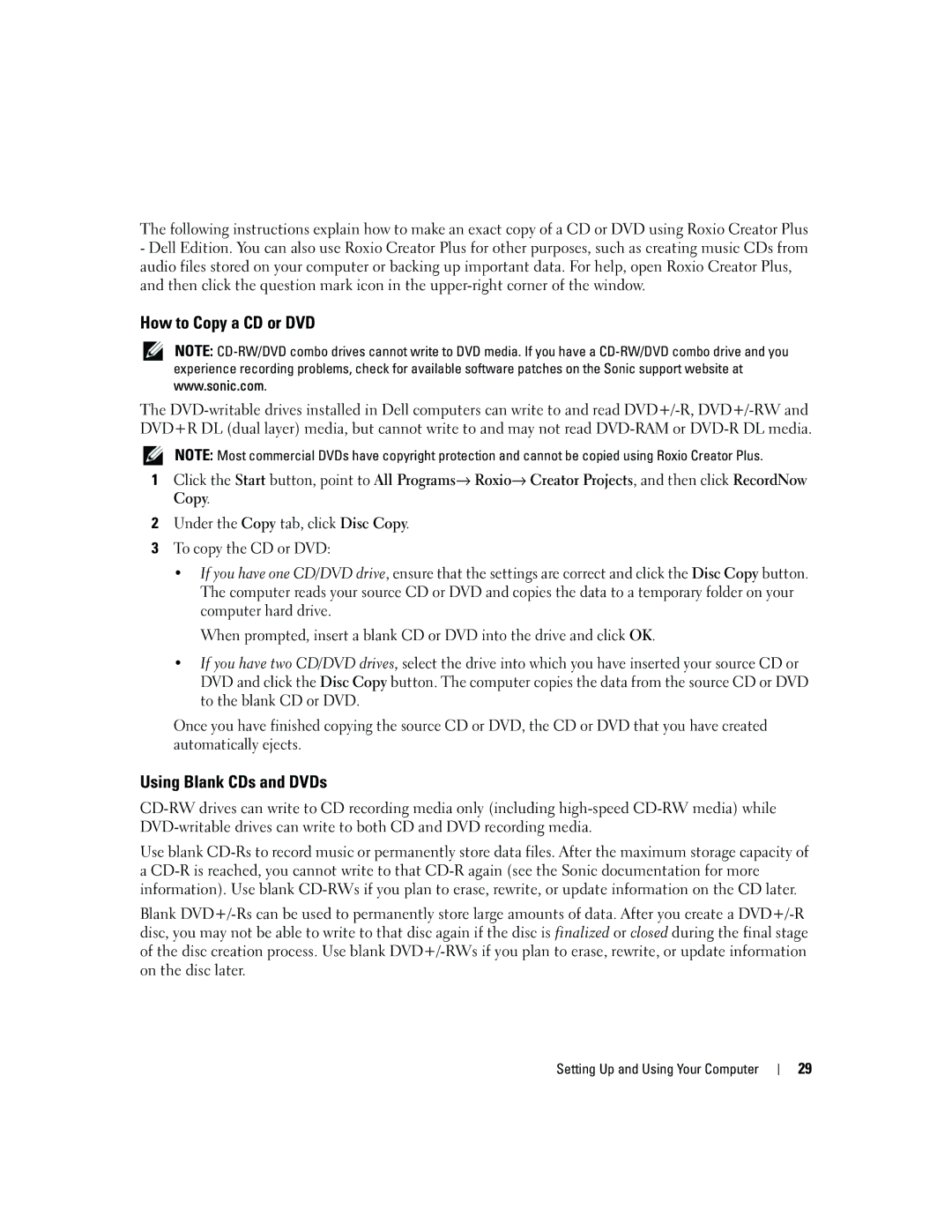 Dell YH242 owner manual How to Copy a CD or DVD, Using Blank CDs and DVDs 