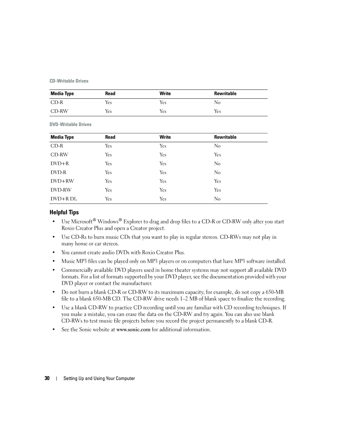 Dell YH242 owner manual Helpful Tips, Media Type Read Write Rewritable 