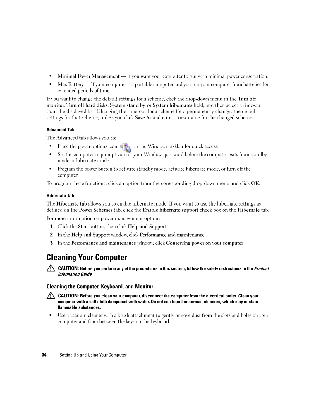 Dell YH242 owner manual Cleaning Your Computer, Cleaning the Computer, Keyboard, and Monitor, Advanced Tab, Hibernate Tab 