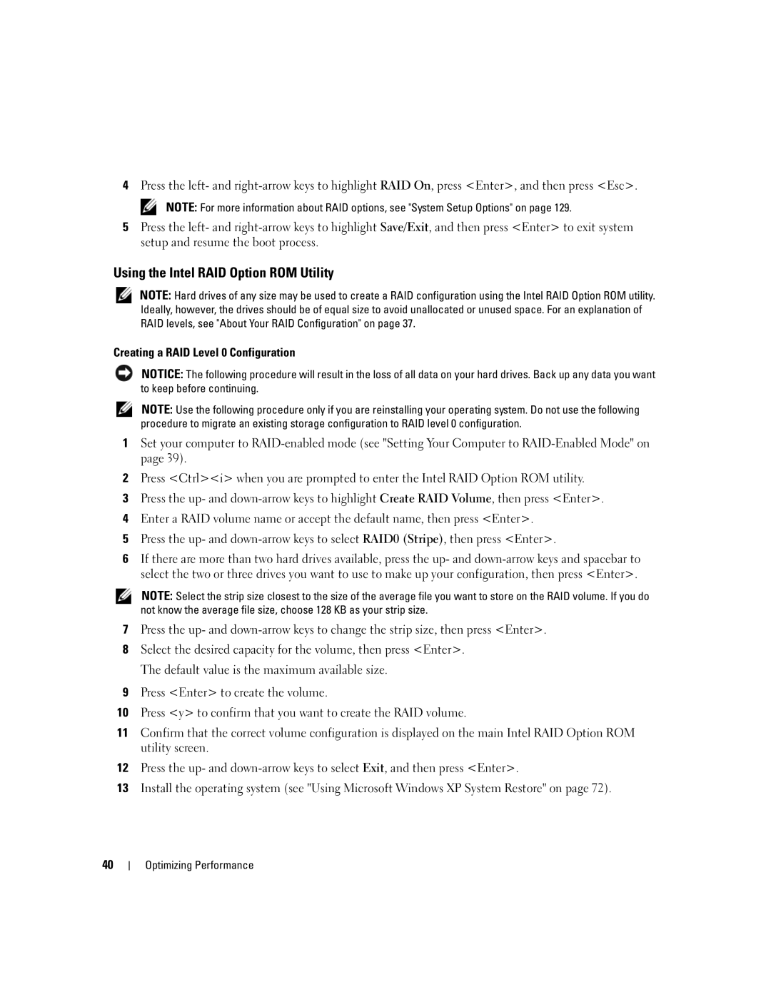 Dell YH242 owner manual Using the Intel RAID Option ROM Utility, Creating a RAID Level 0 Configuration 