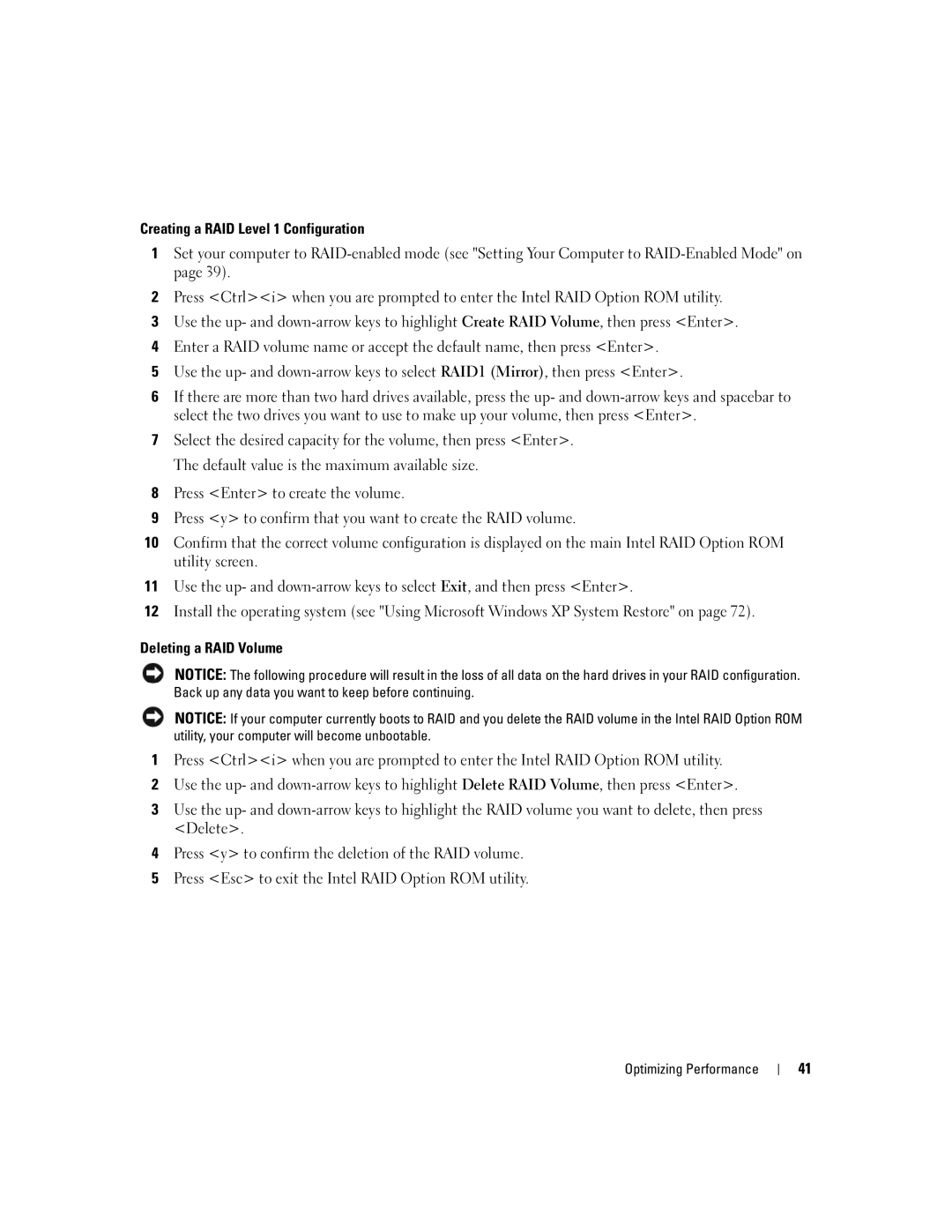 Dell YH242 owner manual Creating a RAID Level 1 Configuration, Deleting a RAID Volume 