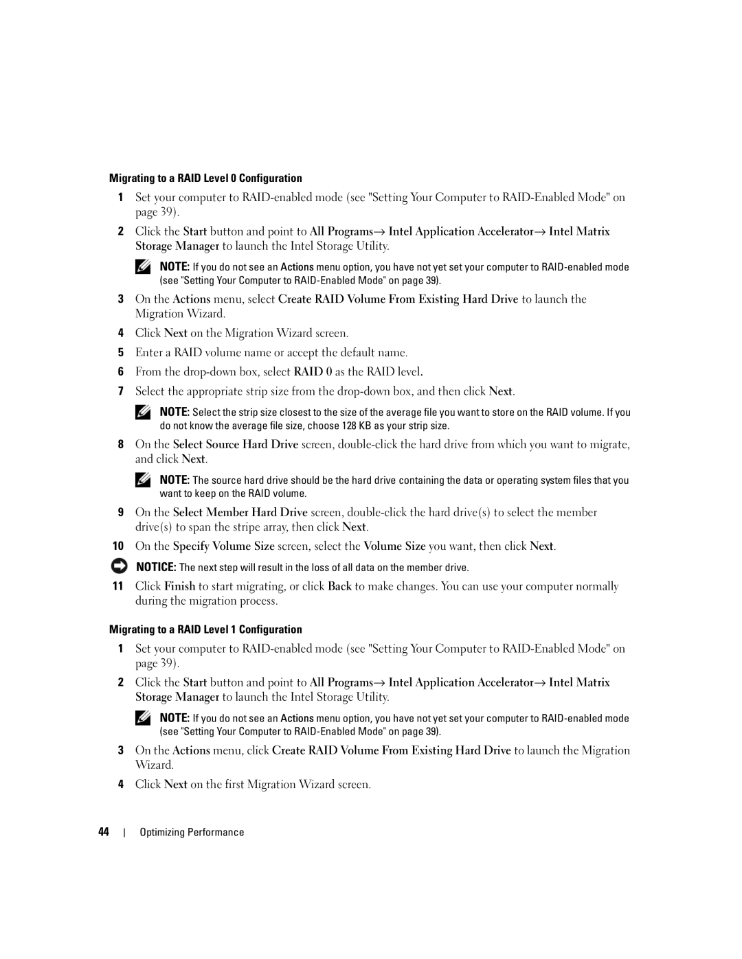 Dell YH242 owner manual Migrating to a RAID Level 0 Configuration, Migrating to a RAID Level 1 Configuration 