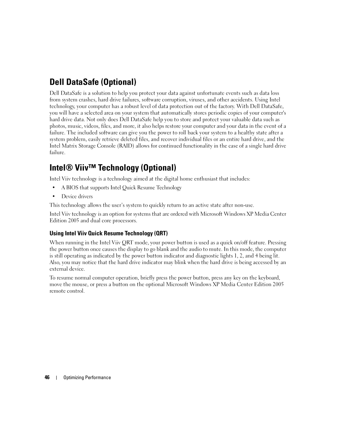 Dell YH242 Dell DataSafe Optional, Intel Viiv Technology Optional, Using Intel Viiv Quick Resume Technology QRT 