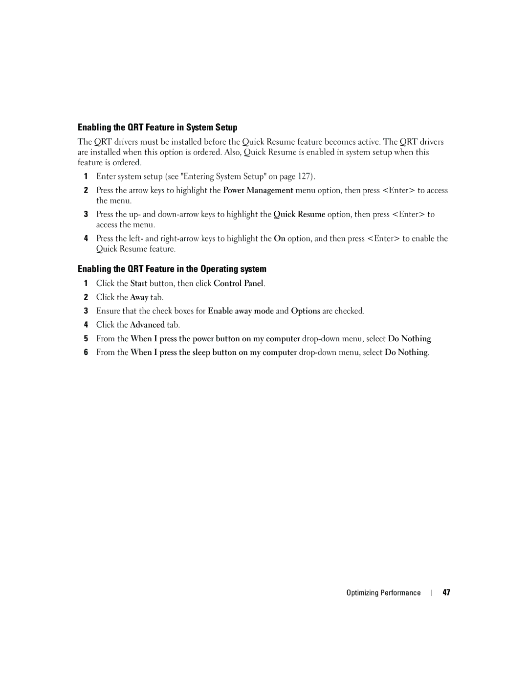 Dell YH242 owner manual Enabling the QRT Feature in System Setup, Enabling the QRT Feature in the Operating system 