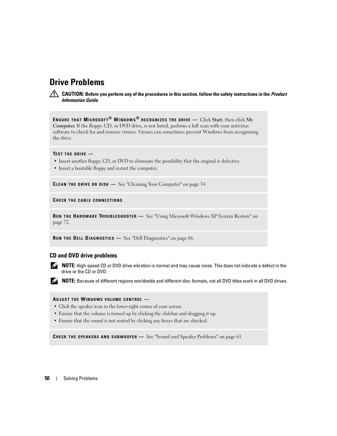 Dell YH242 owner manual Drive Problems, CD and DVD drive problems 