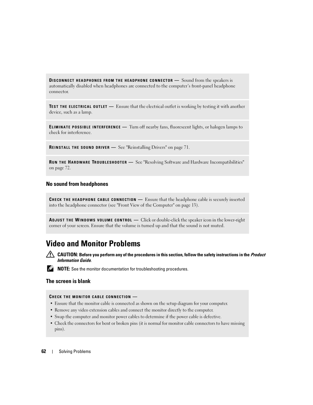 Dell YH242 owner manual Video and Monitor Problems, No sound from headphones, Screen is blank 