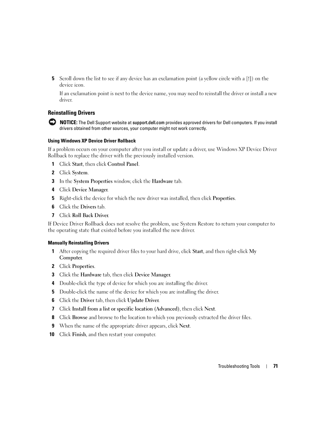 Dell YH242 owner manual Using Windows XP Device Driver Rollback, Manually Reinstalling Drivers 