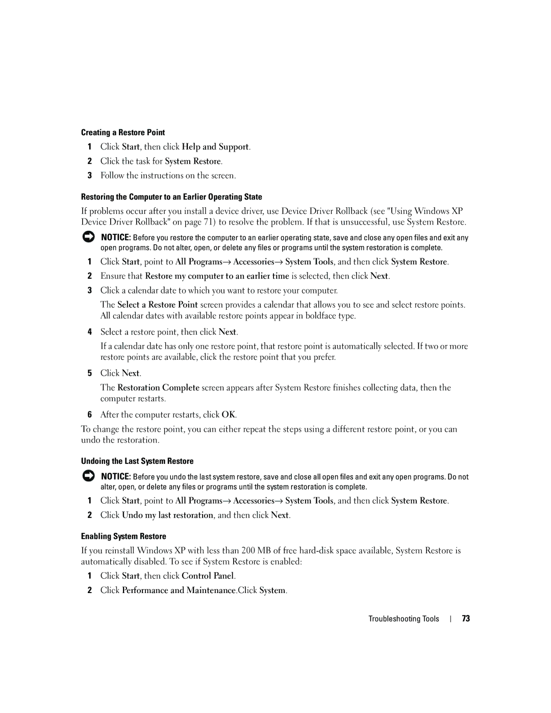 Dell YH242 Creating a Restore Point, Restoring the Computer to an Earlier Operating State, Undoing the Last System Restore 