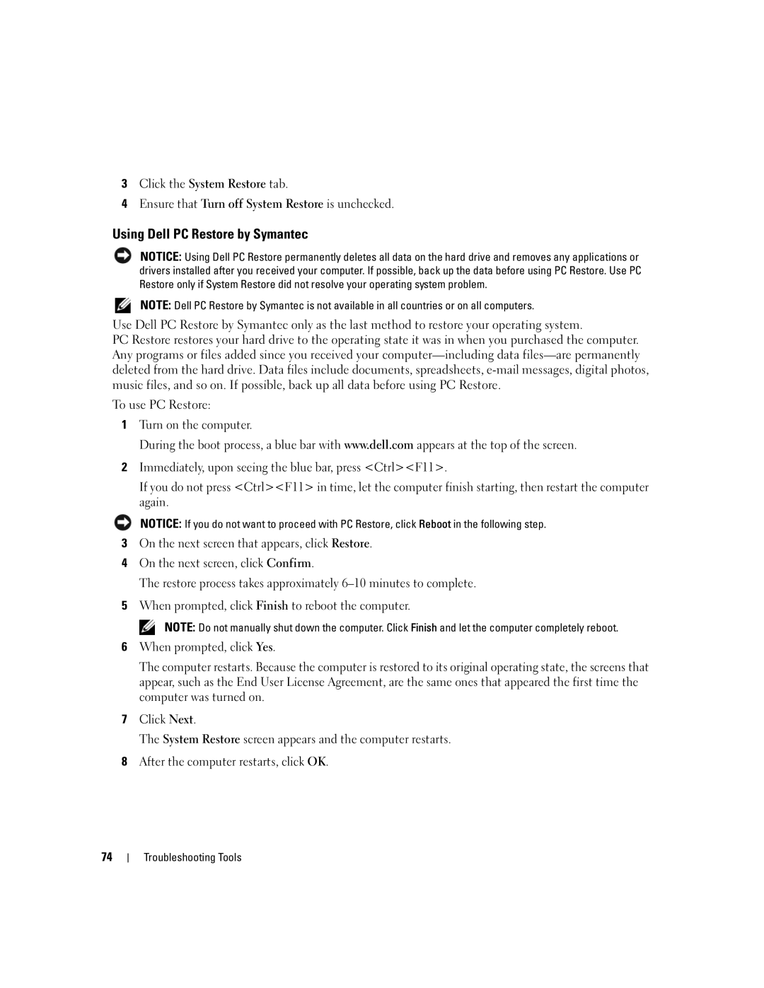 Dell YH242 owner manual Using Dell PC Restore by Symantec 