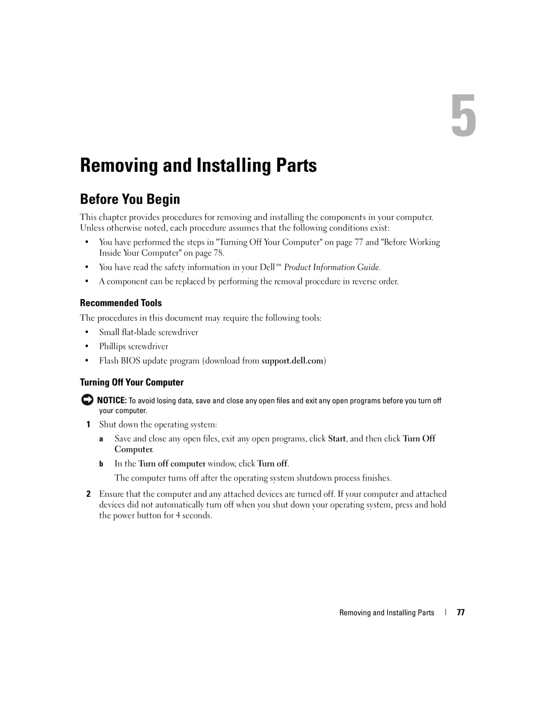 Dell YH242 owner manual Before You Begin, Recommended Tools, Turning Off Your Computer, Removing and Installing Parts 