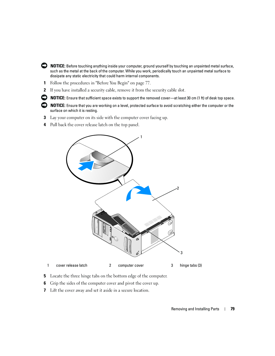 Dell YH242 owner manual Cover release latch Computer cover 