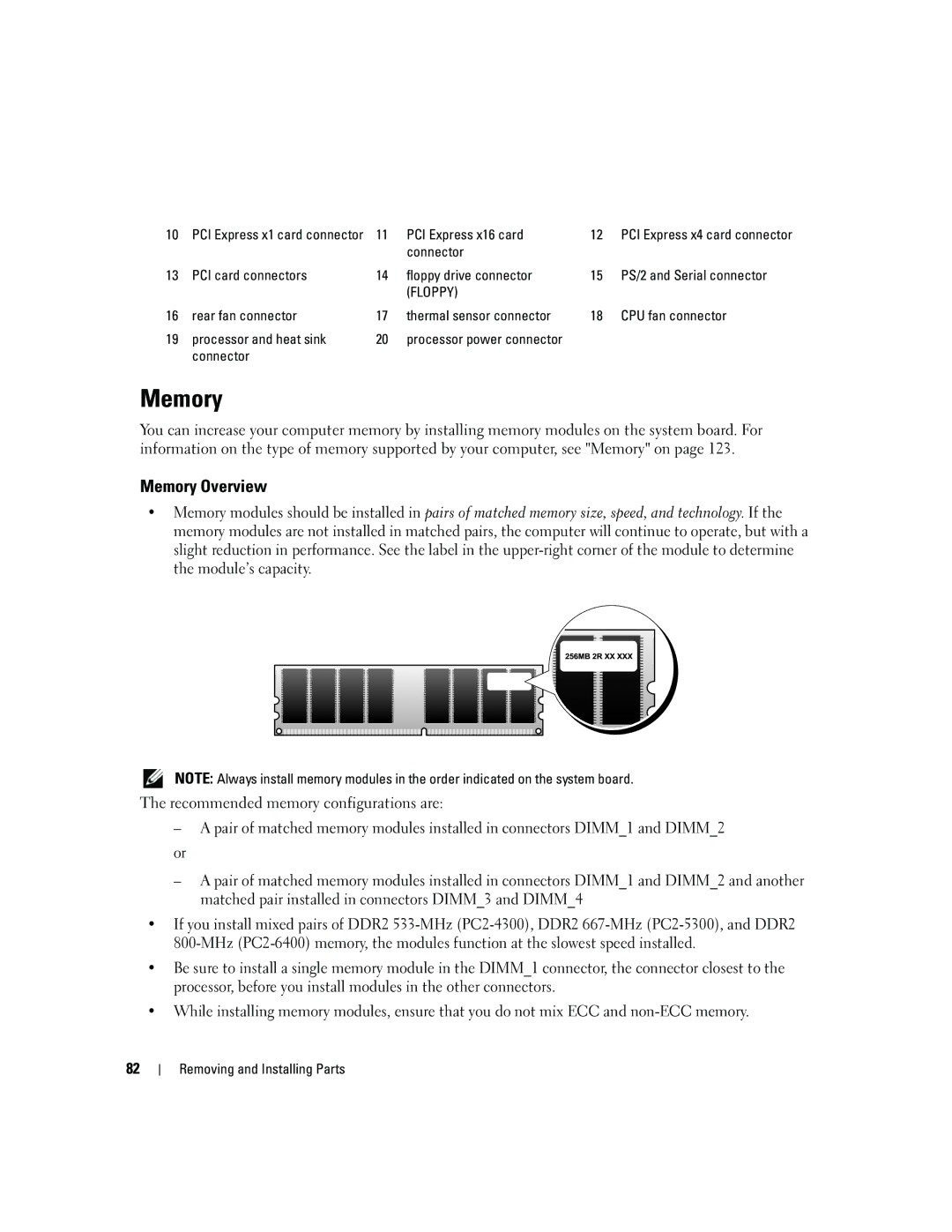 Dell YH242 owner manual Memory Overview, PCI Express x16 card, Connector 