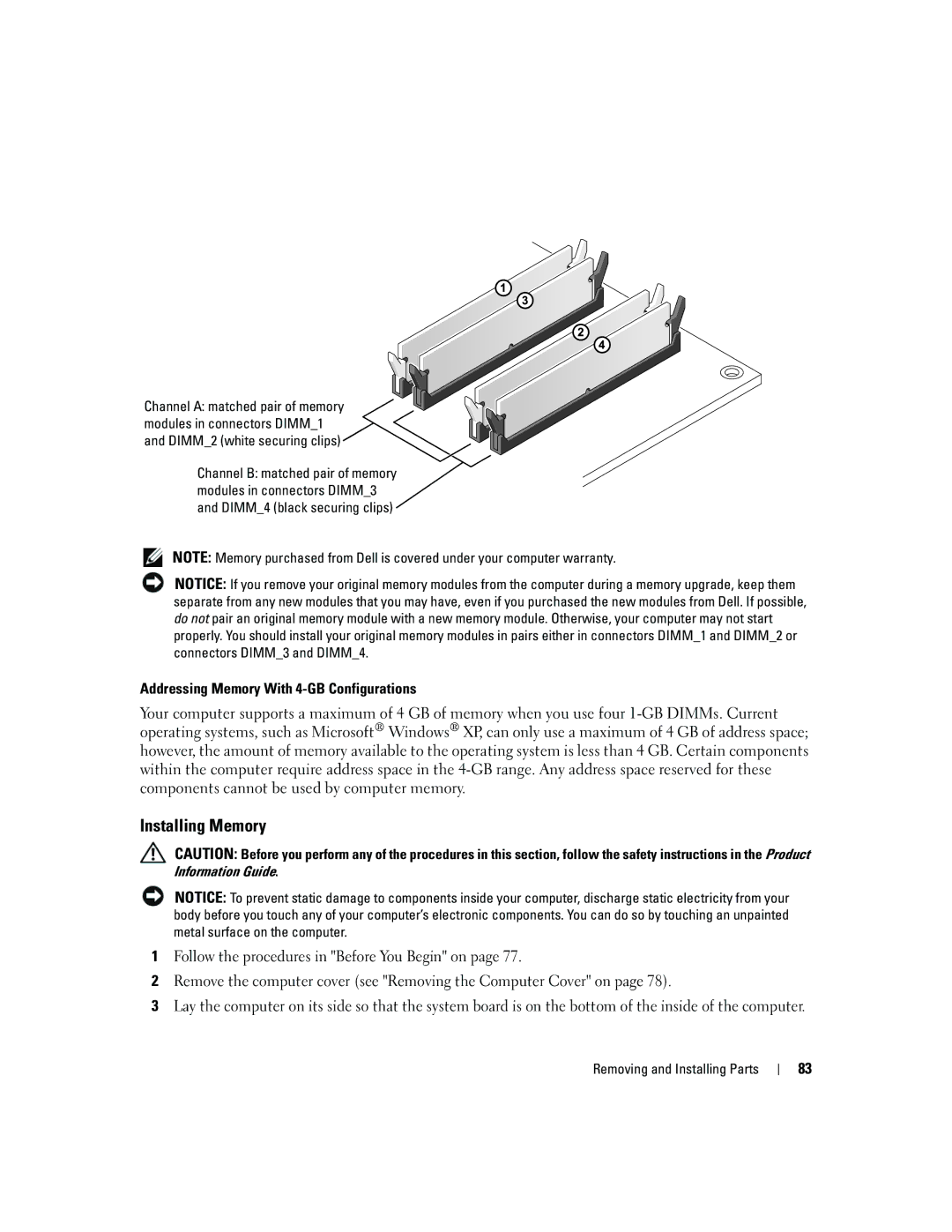 Dell YH242 owner manual Installing Memory, Addressing Memory With 4-GB Configurations 