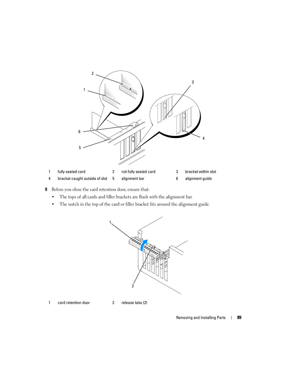 Dell YH242 owner manual Fully seated card Not fully seated card, Alignment bar Alignment guide 