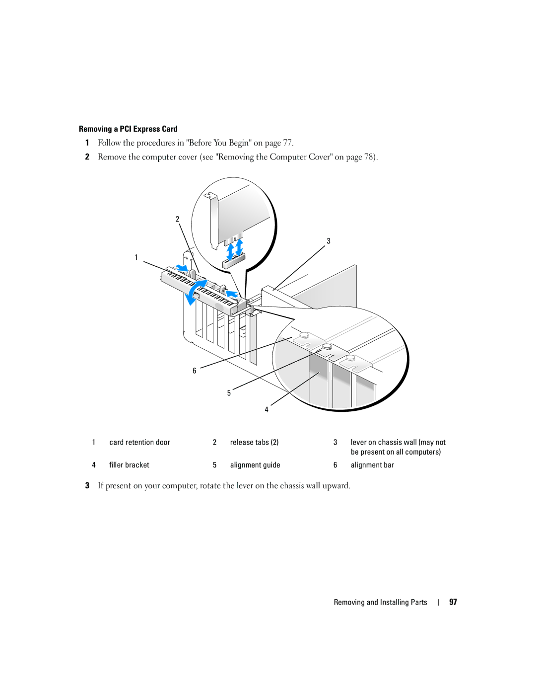 Dell YH242 owner manual Removing a PCI Express Card, Card retention door Release tabs 