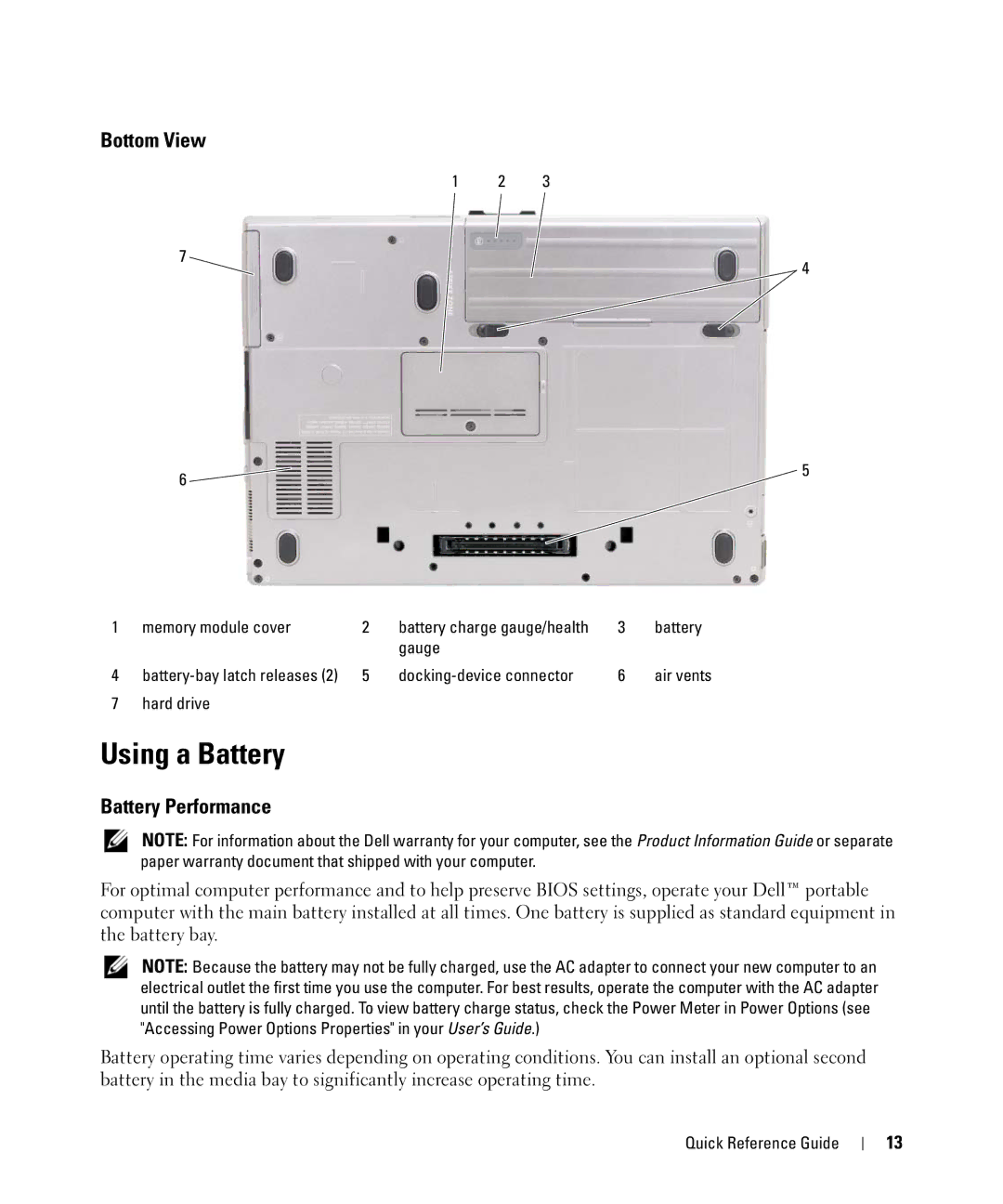 Dell ATG D630, YR870 manual Using a Battery, Bottom View, Battery Performance 