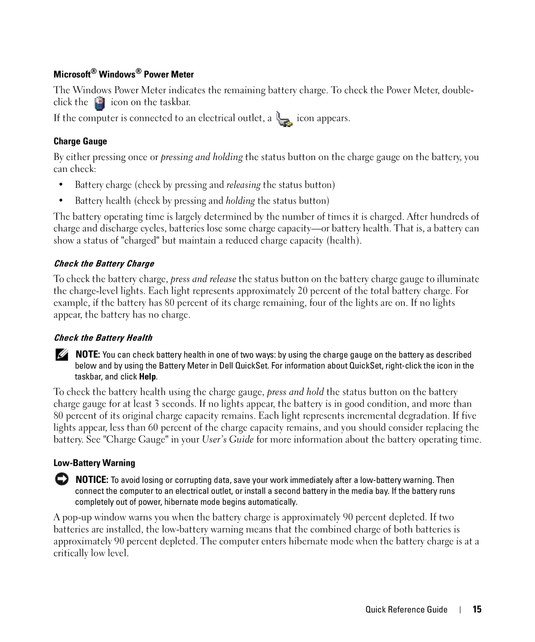 Dell ATG D630, YR870 manual Microsoft Windows Power Meter, Charge Gauge, Low-Battery Warning 