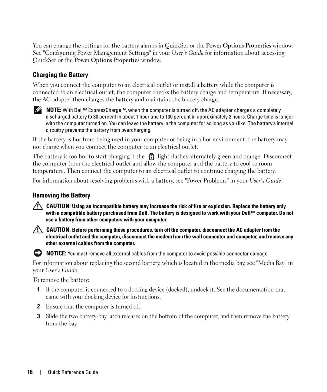 Dell YR870, ATG D630 manual Charging the Battery, Removing the Battery 