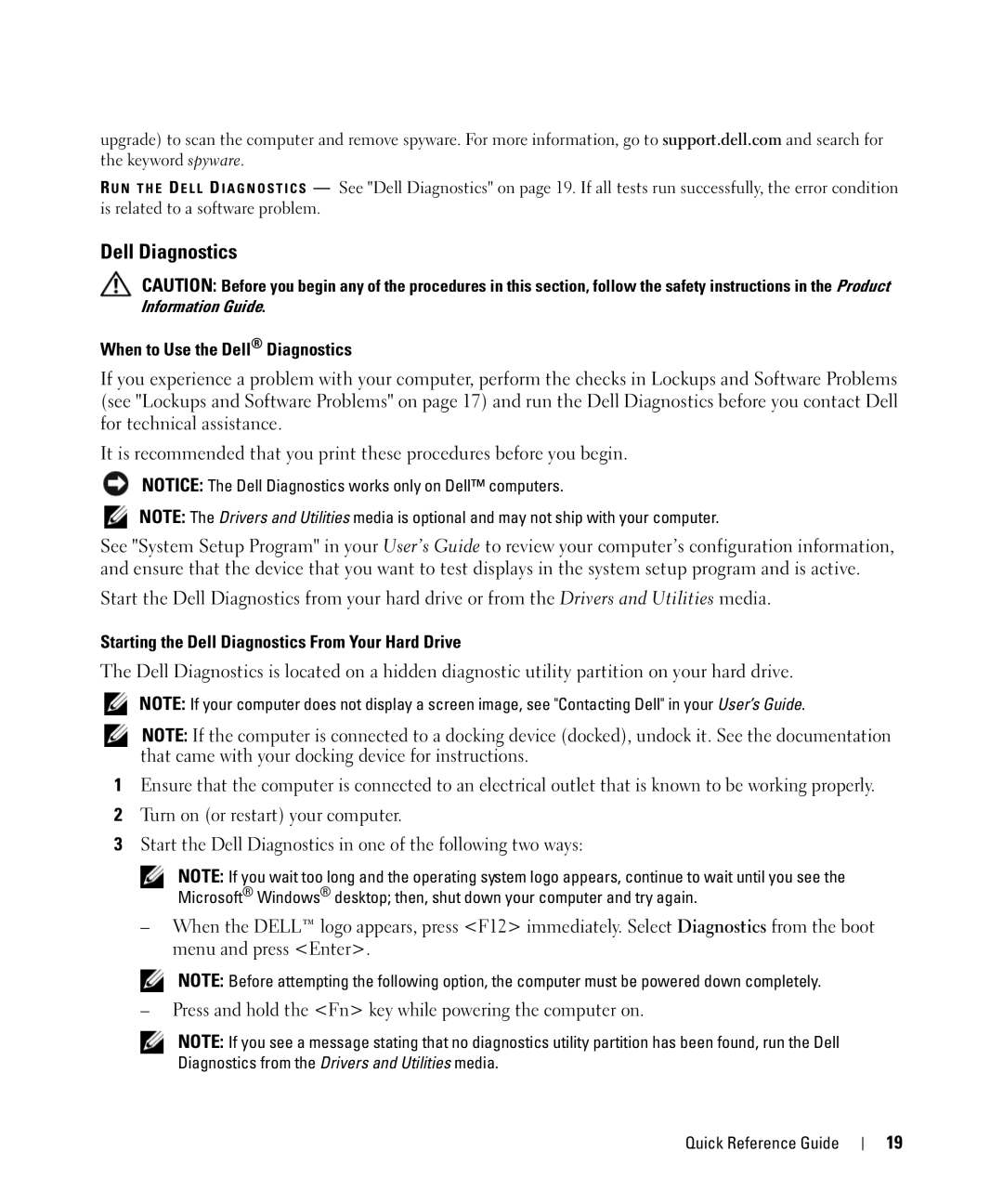 Dell ATG D630, YR870 manual When to Use the Dell Diagnostics, Starting the Dell Diagnostics From Your Hard Drive 