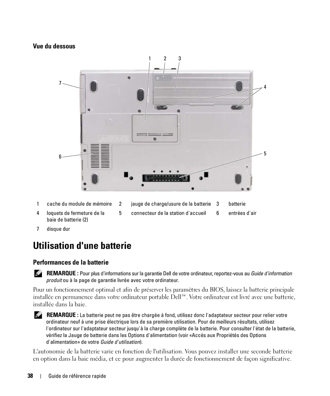 Dell YR870, ATG D630 manual Utilisation dune batterie, Vue du dessous, Performances de la batterie 